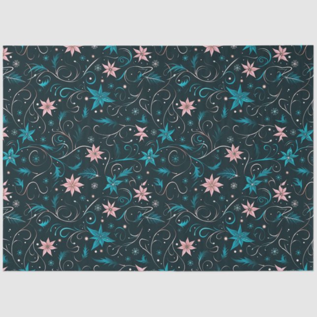 Blue and Pink Floral and Vines Christmas Tissue Paper (Front)