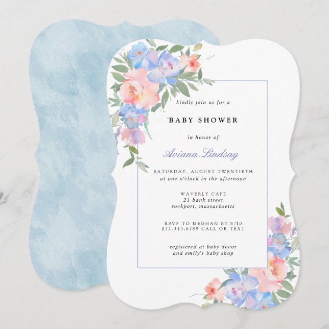 Blue and Pink Floral Baby Shower Invitation (Front/Back)
