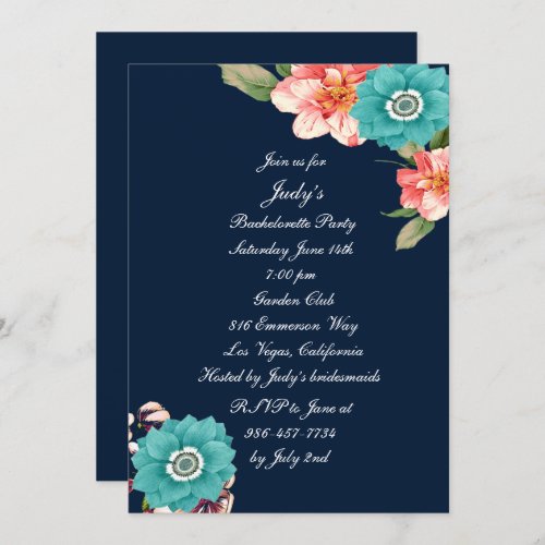 Blue And Pink Floral Botanical Bachelorette Party Invitation