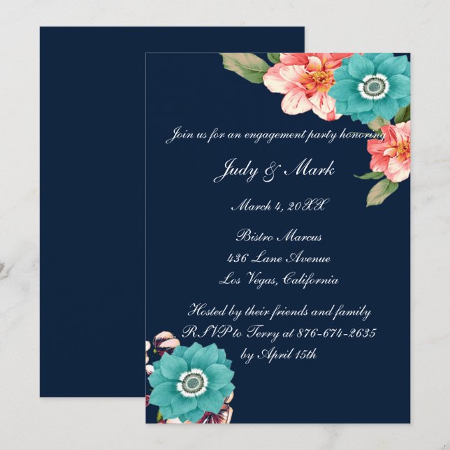 Blue And Pink Floral Botanical Engagement Party Invitation (Front/Back)