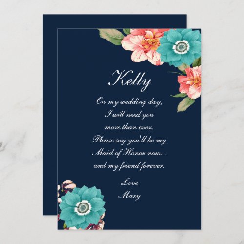 Blue And Pink Floral Botanical Maid Of Honor Invitation