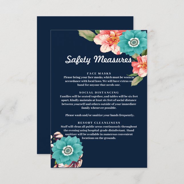 Blue And Pink Floral Botanical Safety Measures Note Card (Front/Back)