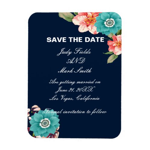 Blue And Pink Floral Botanical Save The Date Magnet