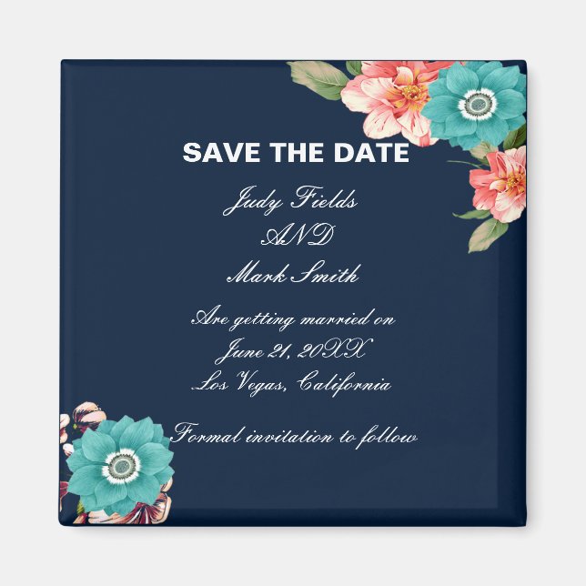Blue And Pink Floral Botanical Save The Date Magnet (Front)