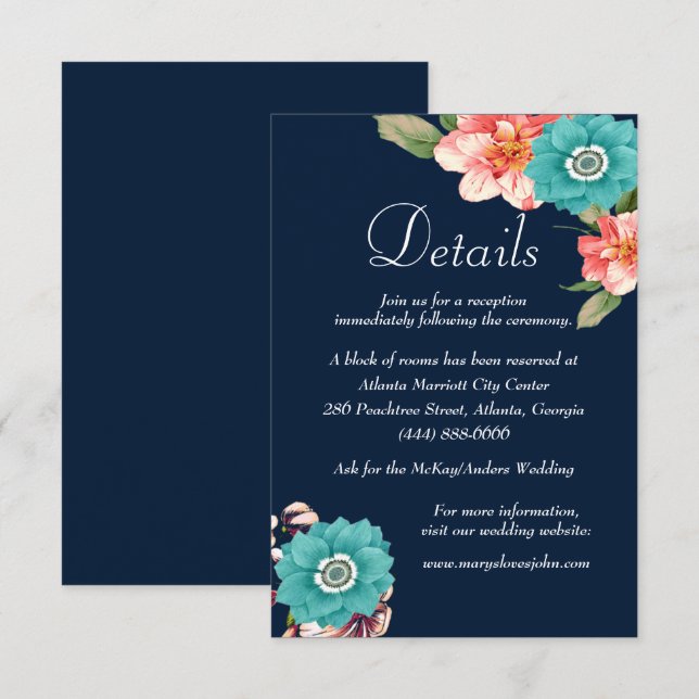 Blue And Pink Floral Botanical Wedding Details Enclosure Card (Front/Back)