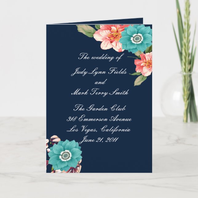 Blue And Pink Floral Botanical Wedding Program  (Front)