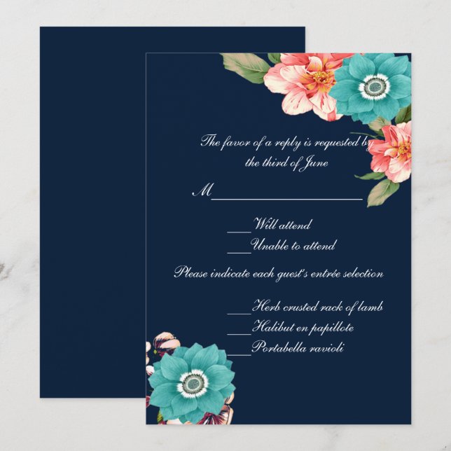 Blue And Pink Floral Botanical Wedding Response Invitation (Front/Back)