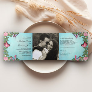 Blue and Pink Floral Butterfly Photo Wedding Tri-Fold Invitation