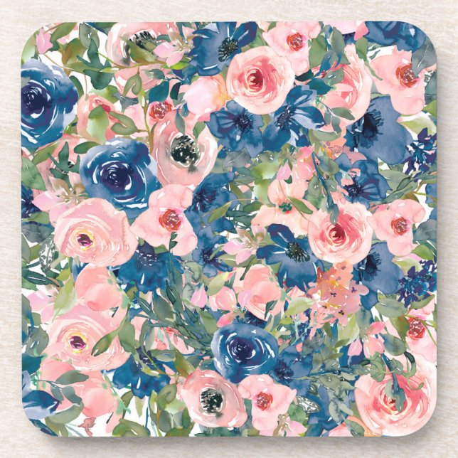 Blue and Pink Floral Coaster Set (Front)