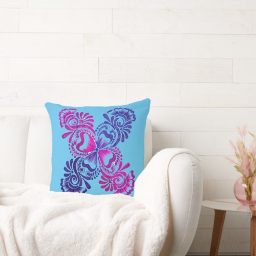 blue and pink floral design throw pillow
