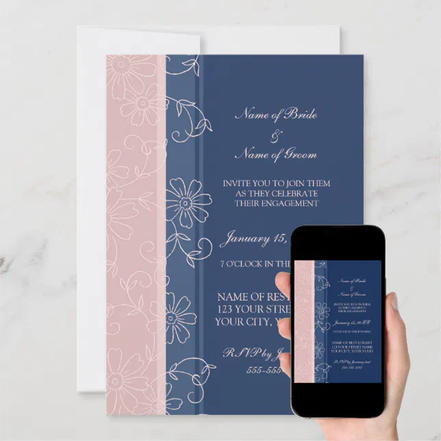 Blue And Pink Floral Engagement Party Invitations Zazzle