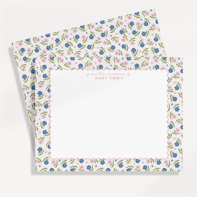 Blue and Pink Floral Hand Drawn Scallop note card (Creator Uploaded)