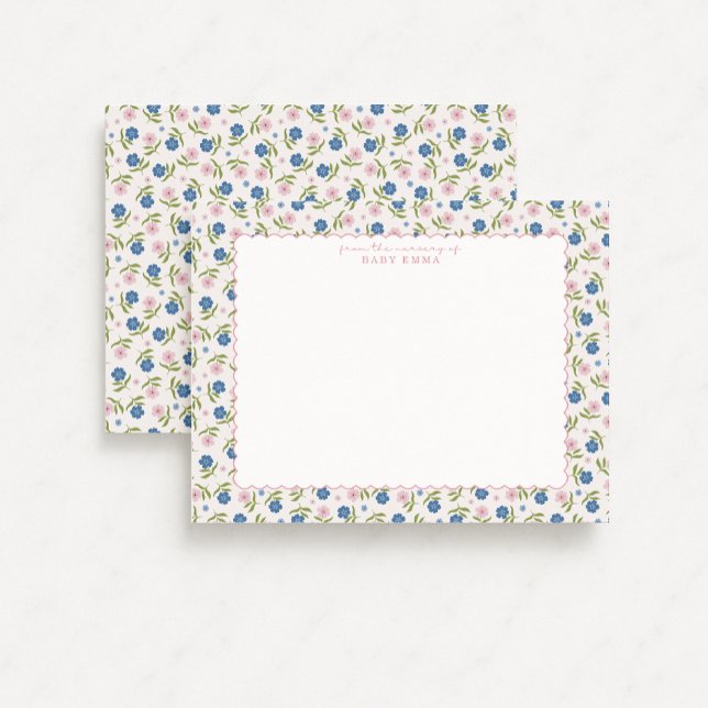 Blue and Pink Floral Hand Drawn Scallop note card (Creator Uploaded)