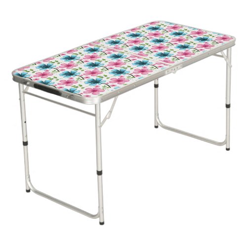 Blue and pink floral pattern beer pong table