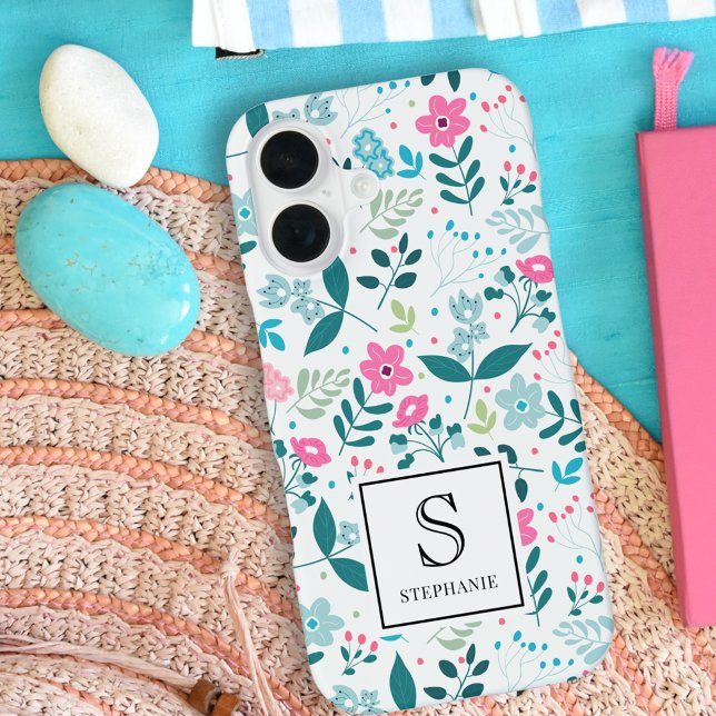 Blue and Pink Floral Pattern with Monogram Name iPhone Case (Creator Uploaded)