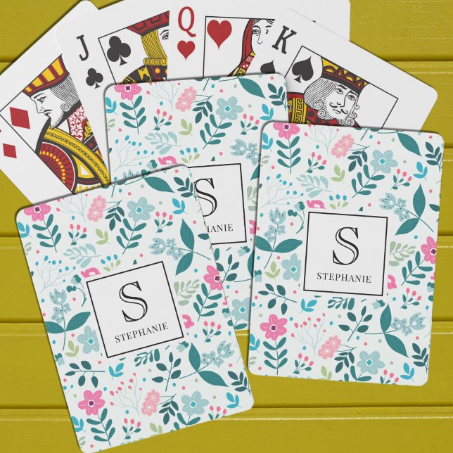 Blue and Pink Floral Pattern with Monogram Name Poker Cards (Creator Uploaded)