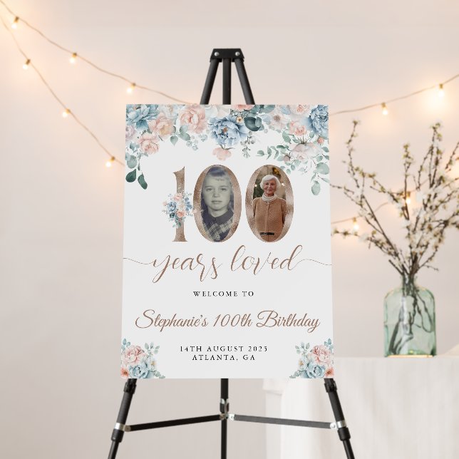 Blue and Pink Floral Photo 100th Birthday Welcome Foam Board (In Situ (Stand))