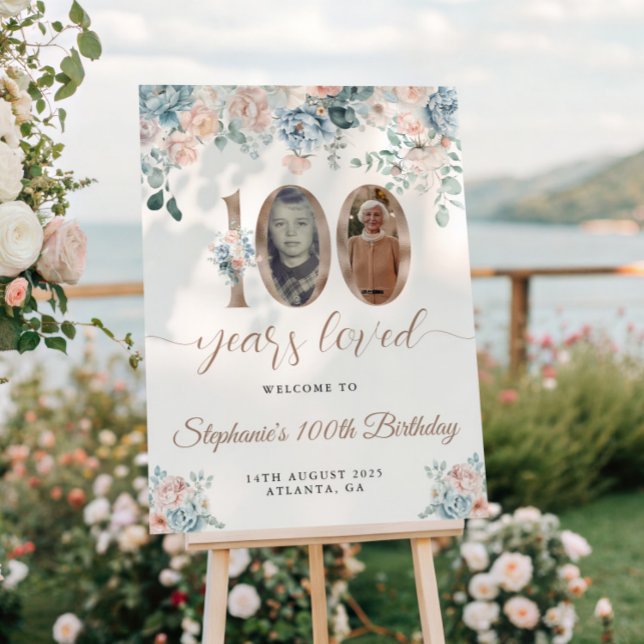 Blue and Pink Floral Photo 100th Birthday Welcome Poster (Creator Uploaded)