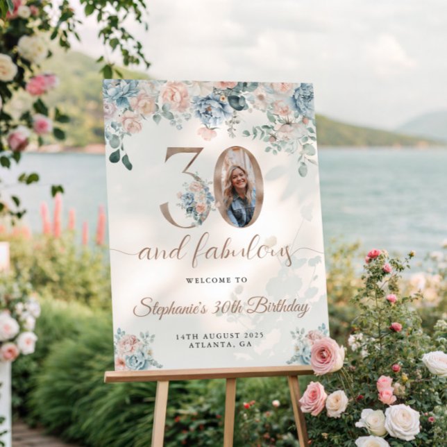 Blue and Pink Floral Photo 30th Birthday Welcome Poster (Creator Uploaded)