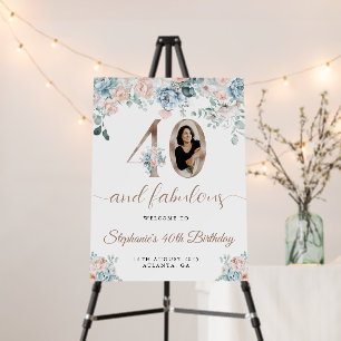 Blue and Pink Floral Photo 40th Birthday Welcome Foam Board