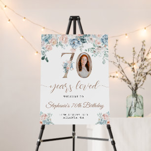 Blue and Pink Floral Photo 70th Birthday Welcome Foam Board