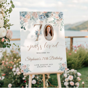 Blue and Pink Floral Photo 70th Birthday Welcome Poster