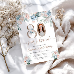 Blue and Pink Floral Photo 80th Birthday Invitation