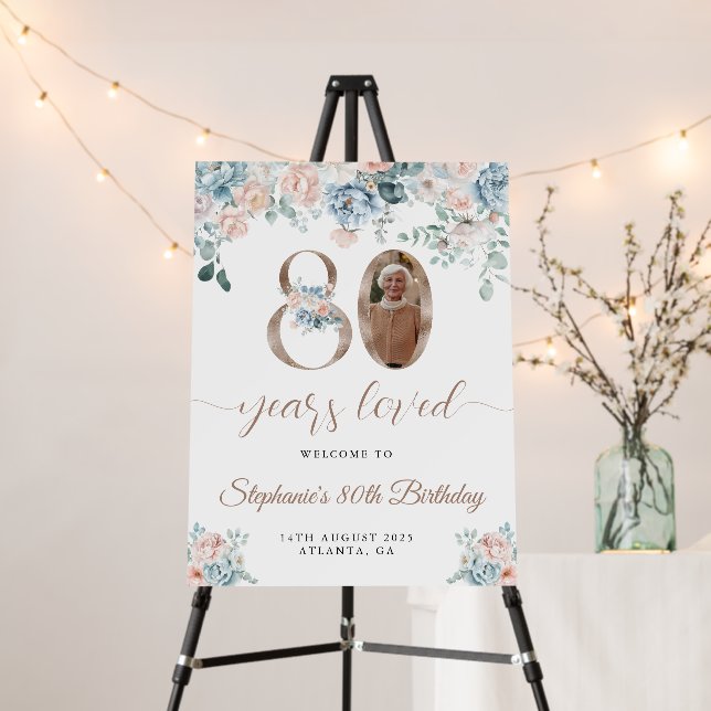 Blue and Pink Floral Photo 80th Birthday Welcome Foam Board (In Situ (Stand))