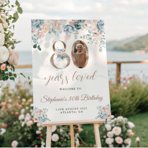 Blue and Pink Floral Photo 80th Birthday Welcome Poster