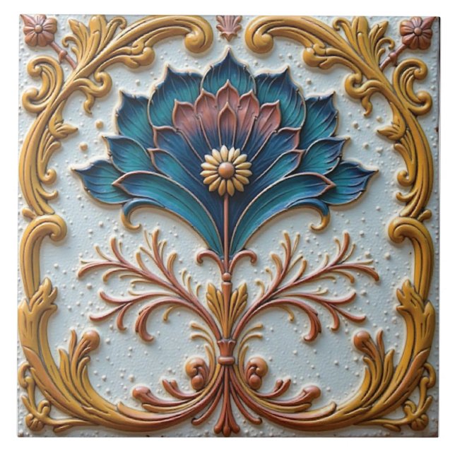 Blue and pink floral rosette ceramic tile (Front)
