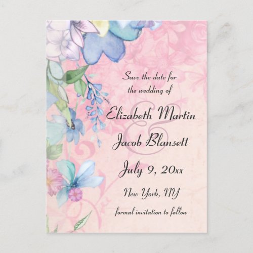 Blue and Pink Floral Save the Date Invitation Postcard