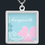 Blue and Pink Floral Silver Plated Necklace<br><div class="desc">Customizable necklace</div>