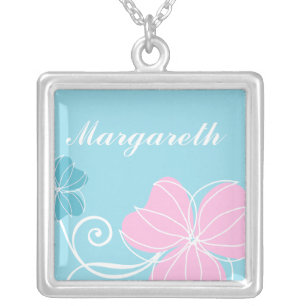 Blue and Pink Floral Silver Plated Necklace
