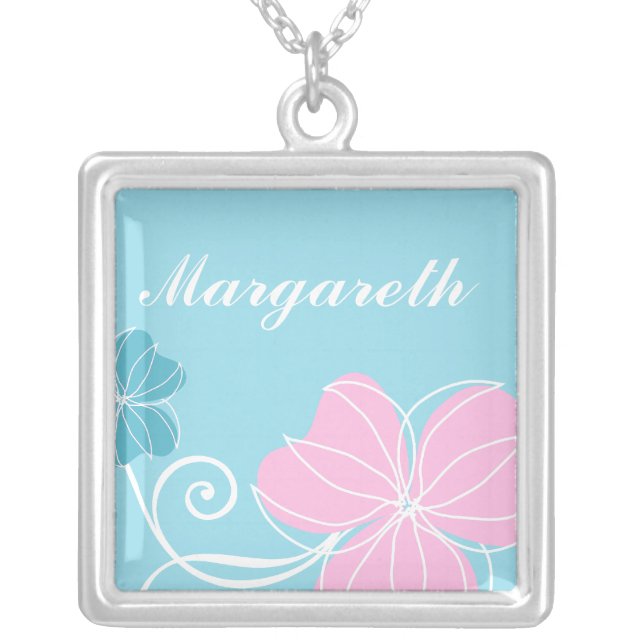 Blue and Pink Floral Silver Plated Necklace (Front)