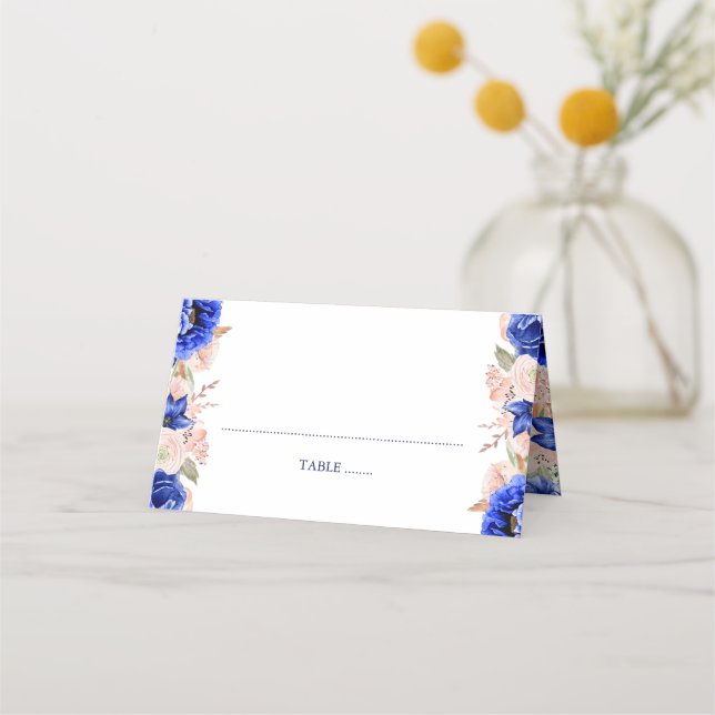 Blue and Pink Floral Watercolor Place Card (Front)