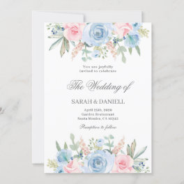 Blue and pink floral wedding invitation