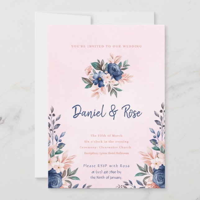 Blue and Pink Floral Wedding Invitation (Front)