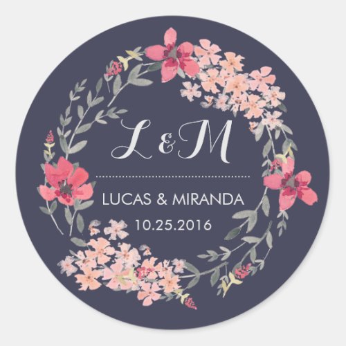 Blue and Pink Floral Wreath Wedding Favor Sticker