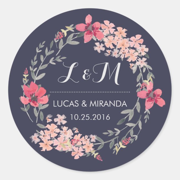 Blue And Pink Floral Wreath Wedding Favor Sticker