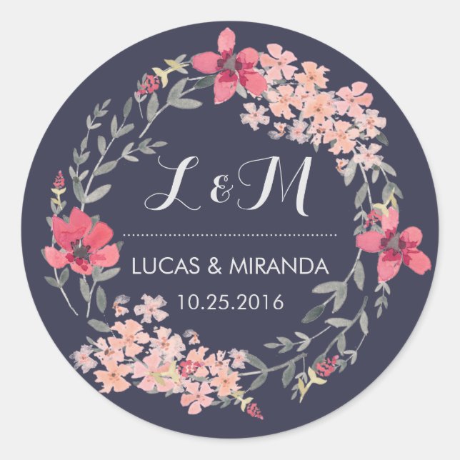 Blue and Pink Floral Wreath Wedding Favor Sticker (Front)