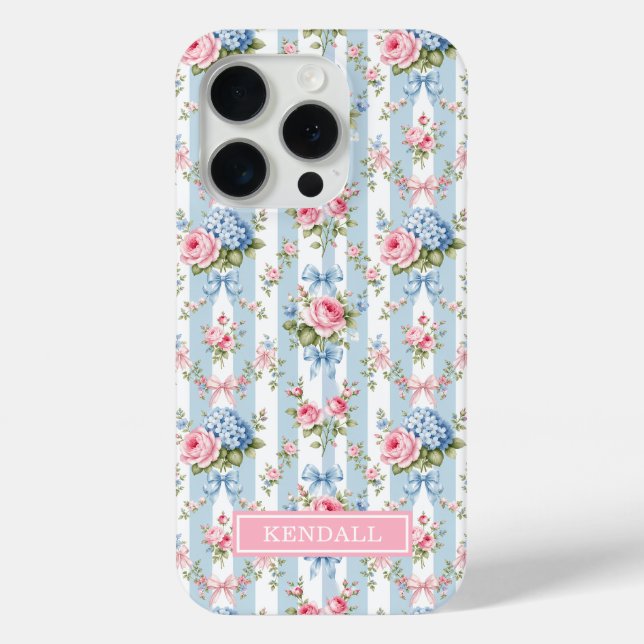 Blue and Pink Flowers and Bows Striped Case-Mate iPhone Case (Back)