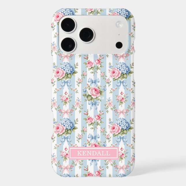 Blue and Pink Flowers and Bows Striped Case-Mate iPhone Case (Back)
