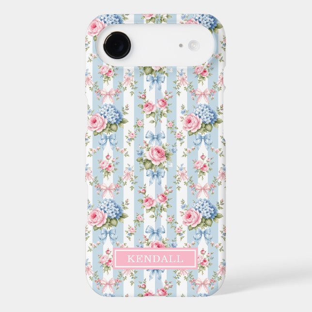 Blue and Pink Flowers and Bows Striped Case-Mate iPhone Case (Back)