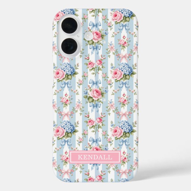 Blue and Pink Flowers and Bows Striped Case-Mate iPhone Case (Back)