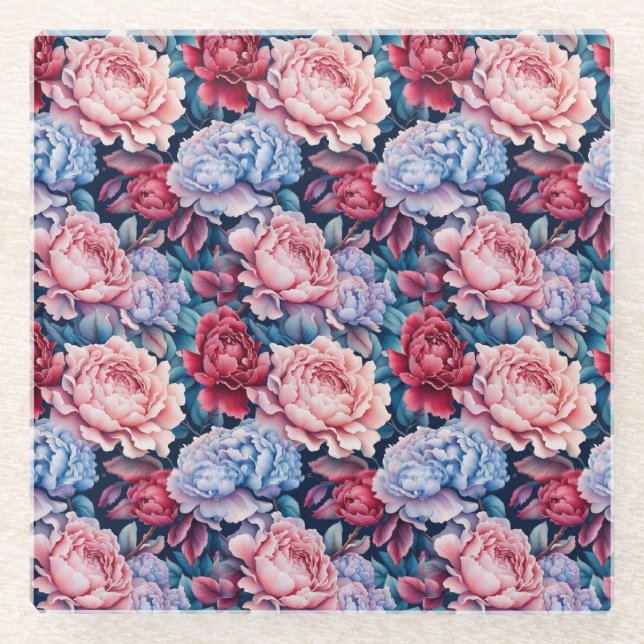 Blue and Pink Flowers Glass Coaster (Front)