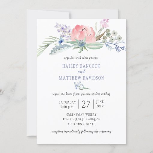 Blue and Pink Flowers Greenery Wedding Invitation | Zazzle