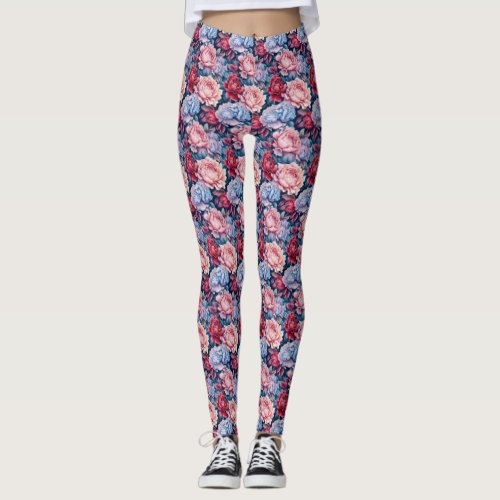 Blue and Pink Flowers Leggings