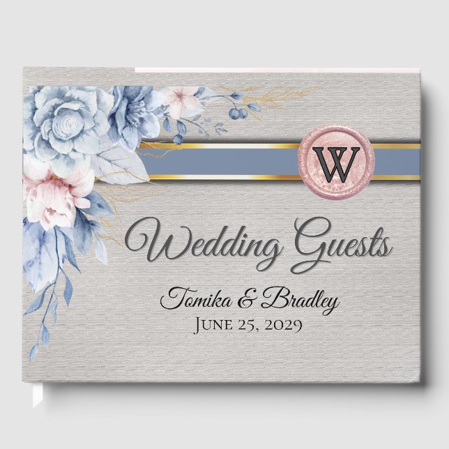 Blue and Pink Flowers on Gray Wedding  Guest Book (Front)