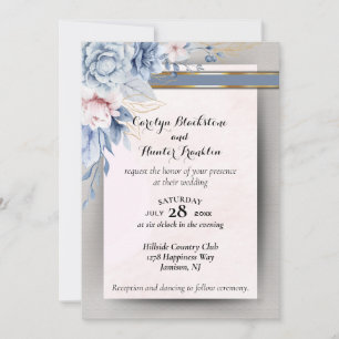 Blue and Pink Flowers on Pink & Gray Wedding Invitation