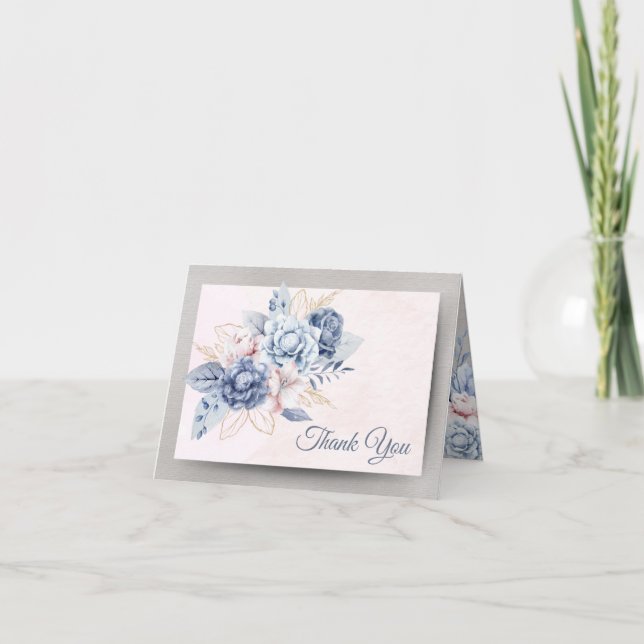 Blue and Pink Flowers on Pink & Gray Wedding Thank You Card (Front)